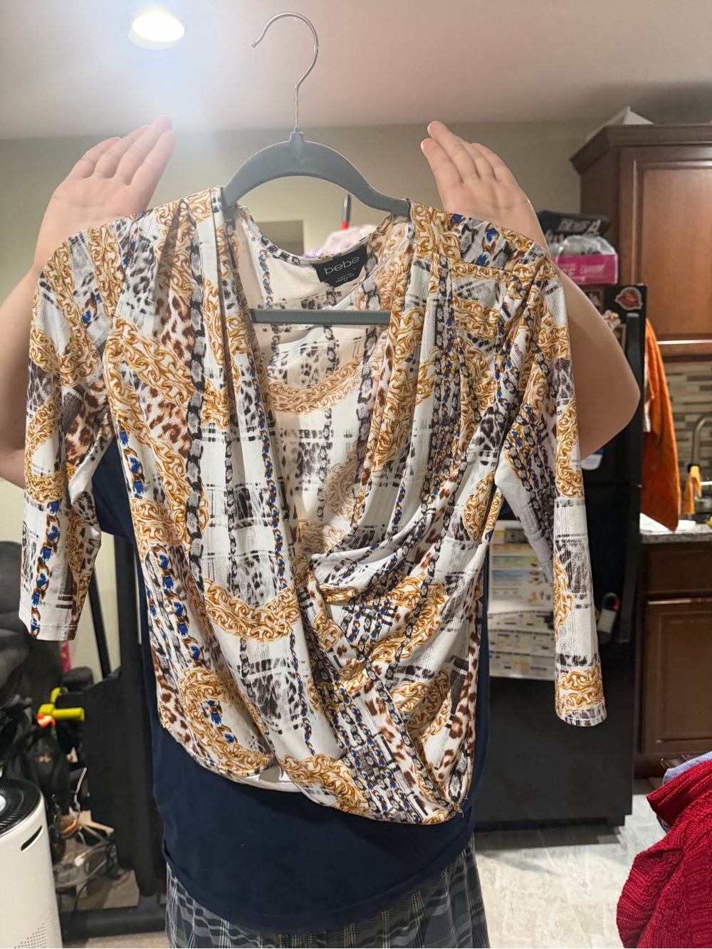 bebe White, Gold & Blue Chain Print Surplice Blouse